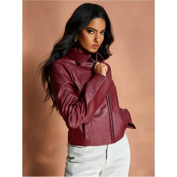 ⚡Women's Red Crop Faux Leather Jacket Vintage Long Sleeve Collar Zip Up Biker - Picture 5 of 6